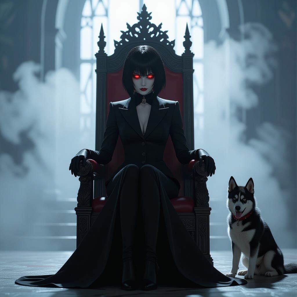 Anime Vampire Queen and Monster Dog on Dark Throne
