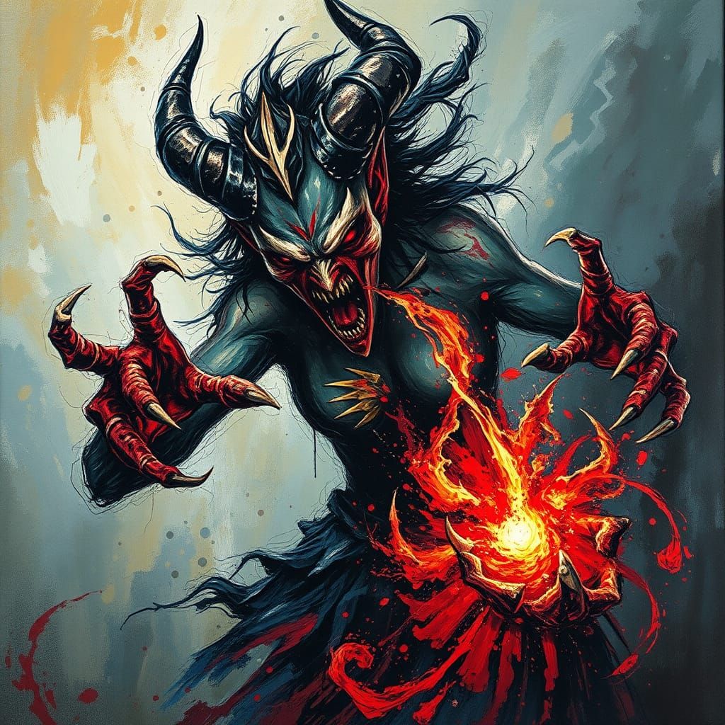 Ink painting fight of a scary demon woman