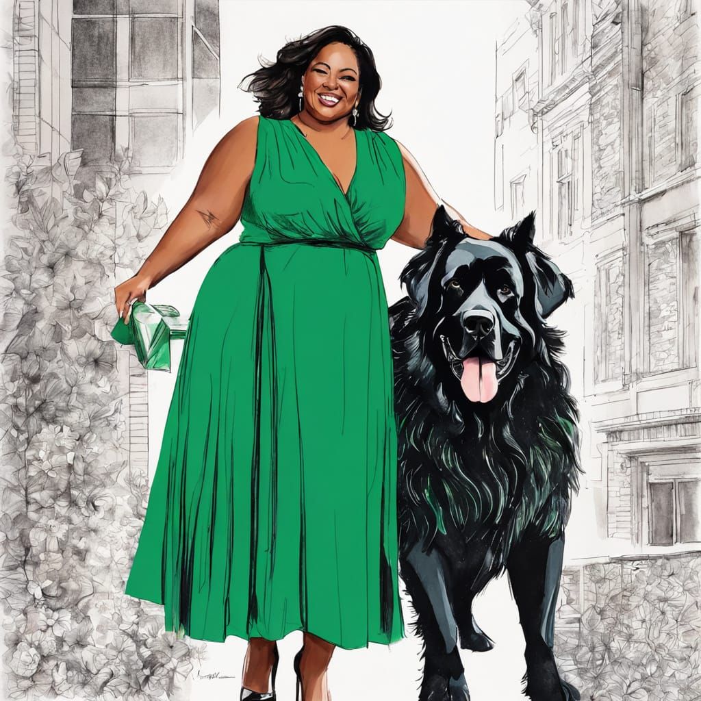 Woman in Green Dress with Newfoundland Dog Fashion Sketch