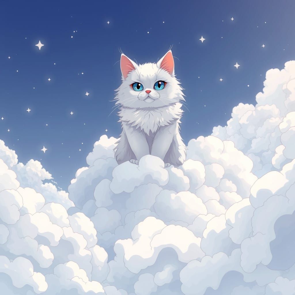 Anime Style Panoramic Cloudscape with Regal Feline Figure