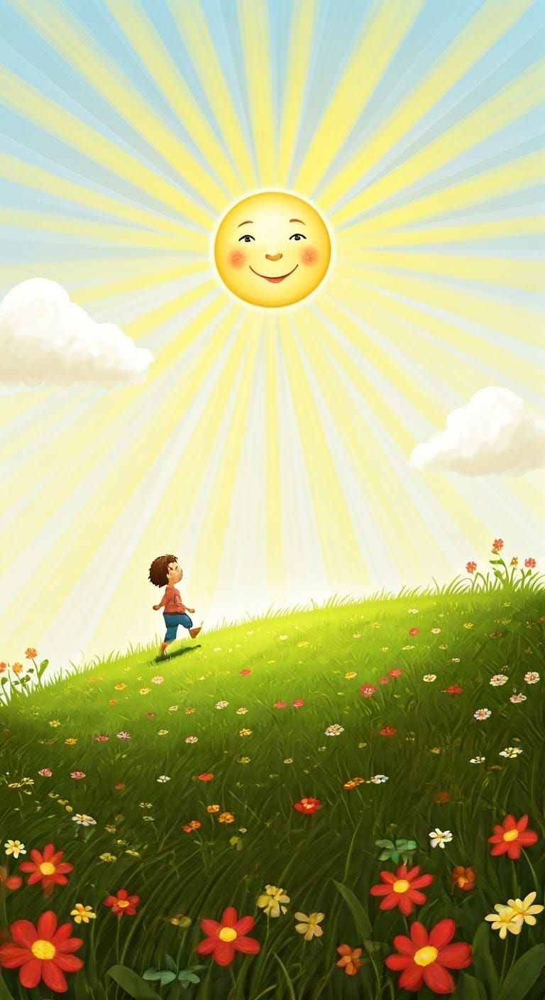 Smiling Sun Shines on Happy Child, Whimsical Art