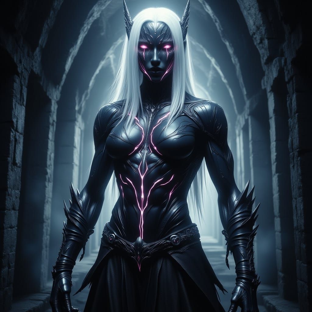 Cinematic Drow Warrior with White Hair and Pink Eyes