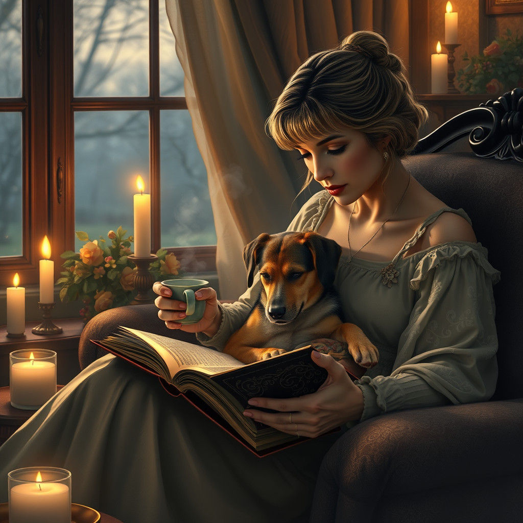 Ethereal Evening: Woman Reading with Dog