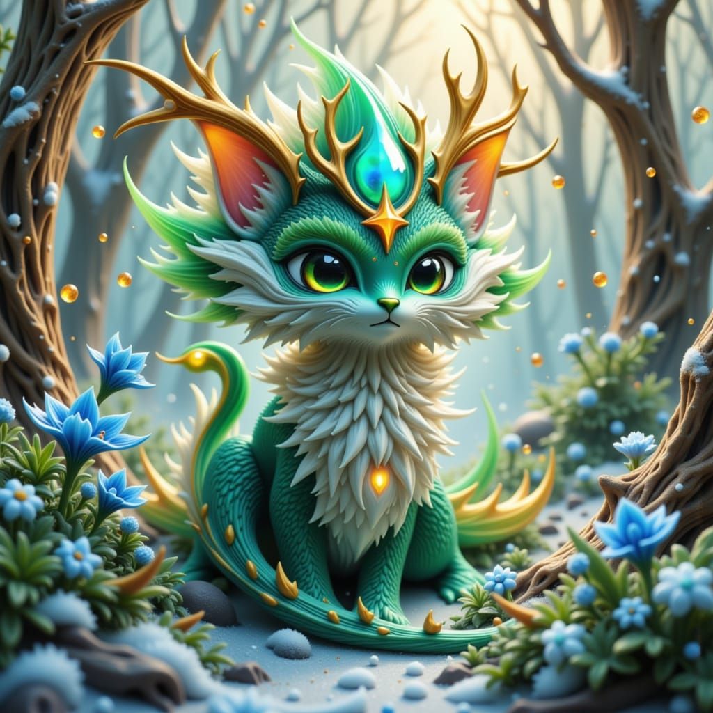 Jade Scaled Dragon-Cat in Winter Forest