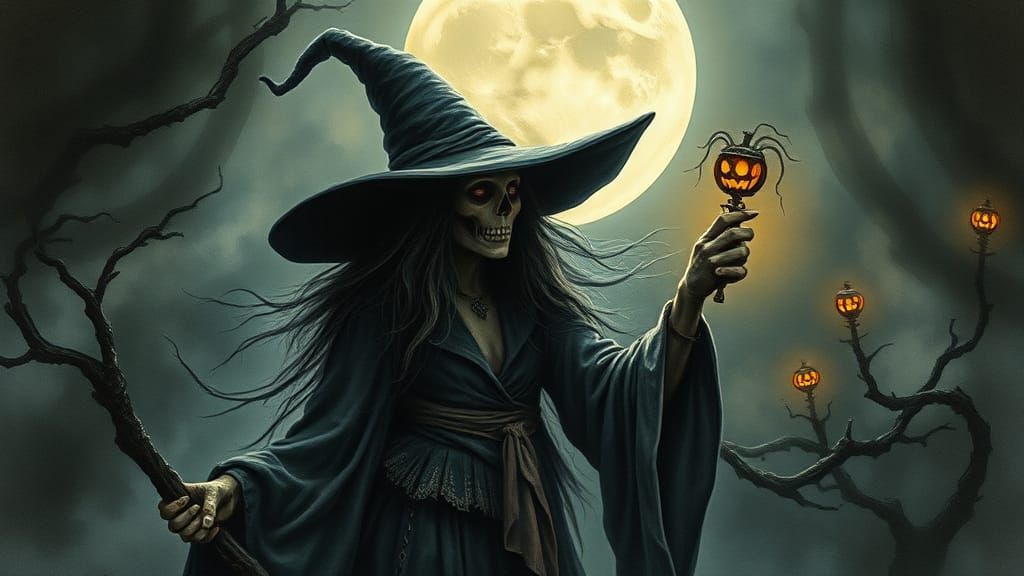 Mystical Halloween Witch in Moonlit Surreal Landscape