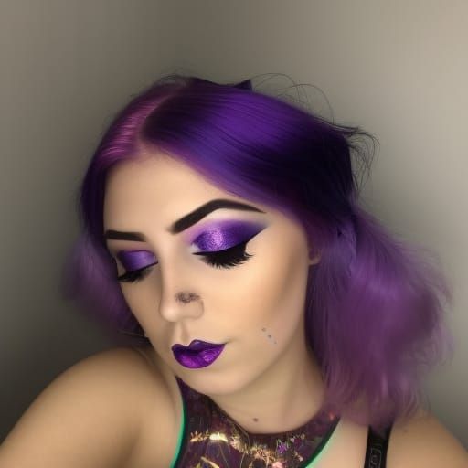 Ethereal young lady with purple Galaxy hair with blue highlights& magenta pink highlights& Emerald green highlights& gli...