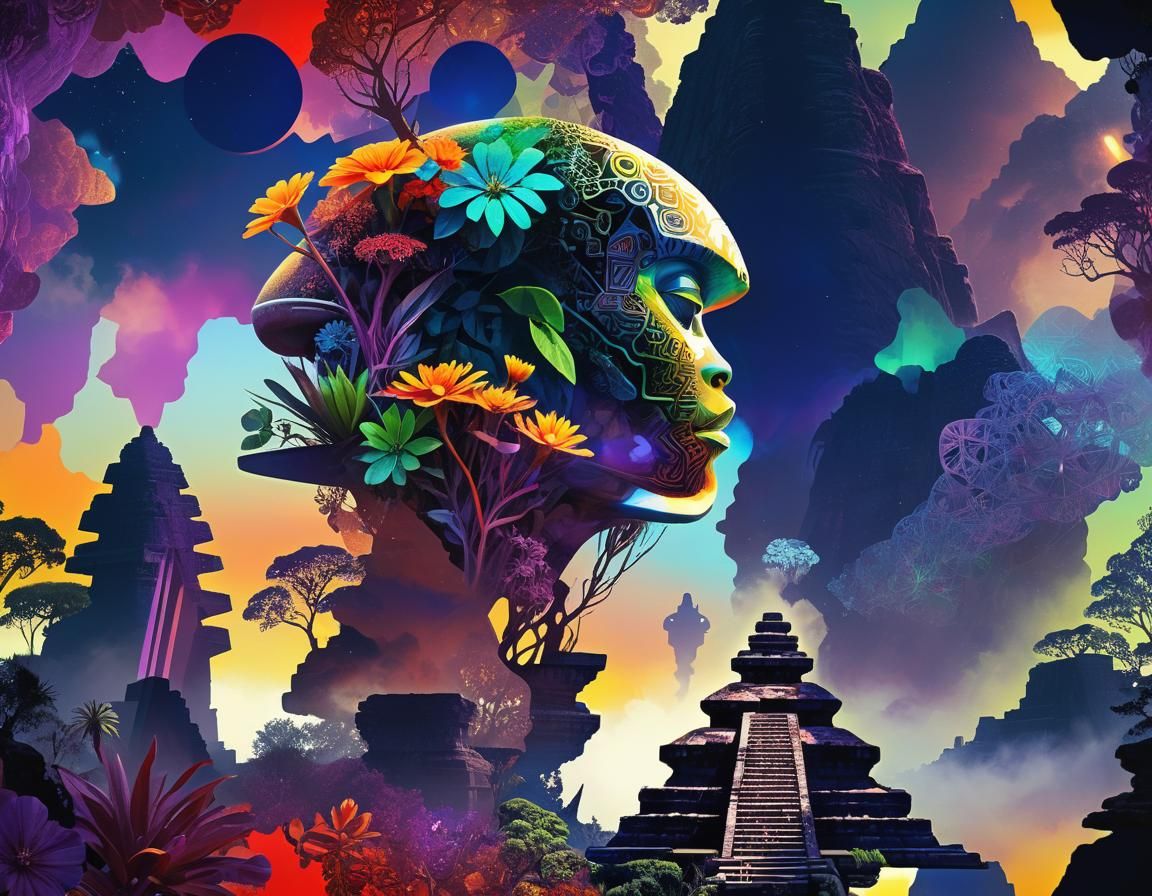 Cosmic Alien Savannah Landscape in Geometric Oil Painting