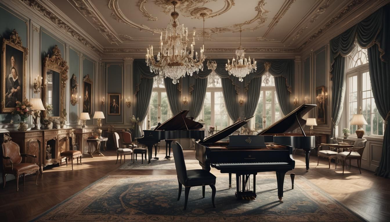 Elegant Dining Room with Grand Piano: Digital Matte Painting