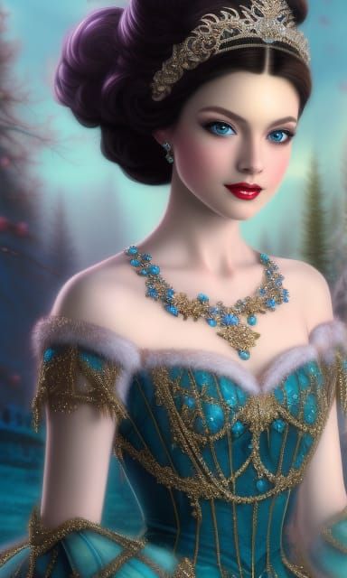 Winter Princess in Black Dress: Digital Art Portrait