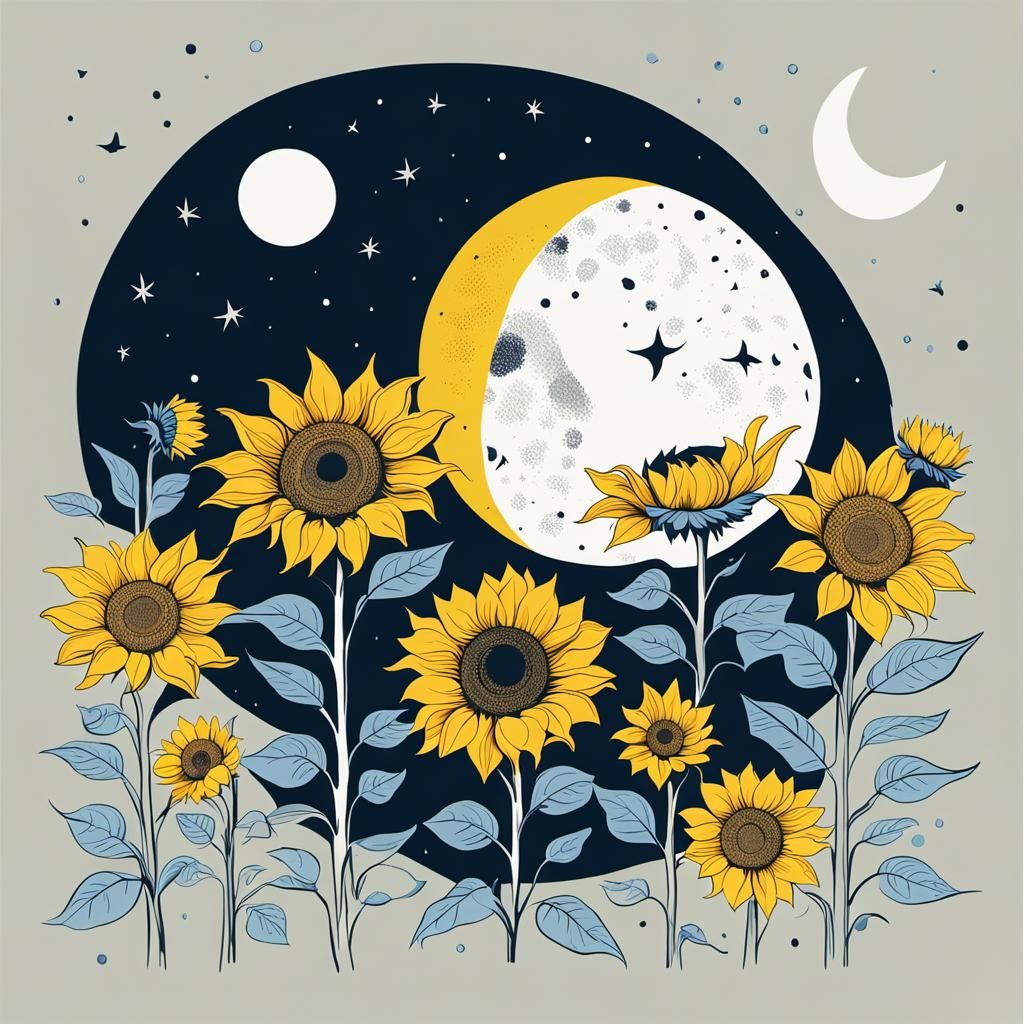 Sun, Moon, and Sunflowers: Simple Vector Collage
