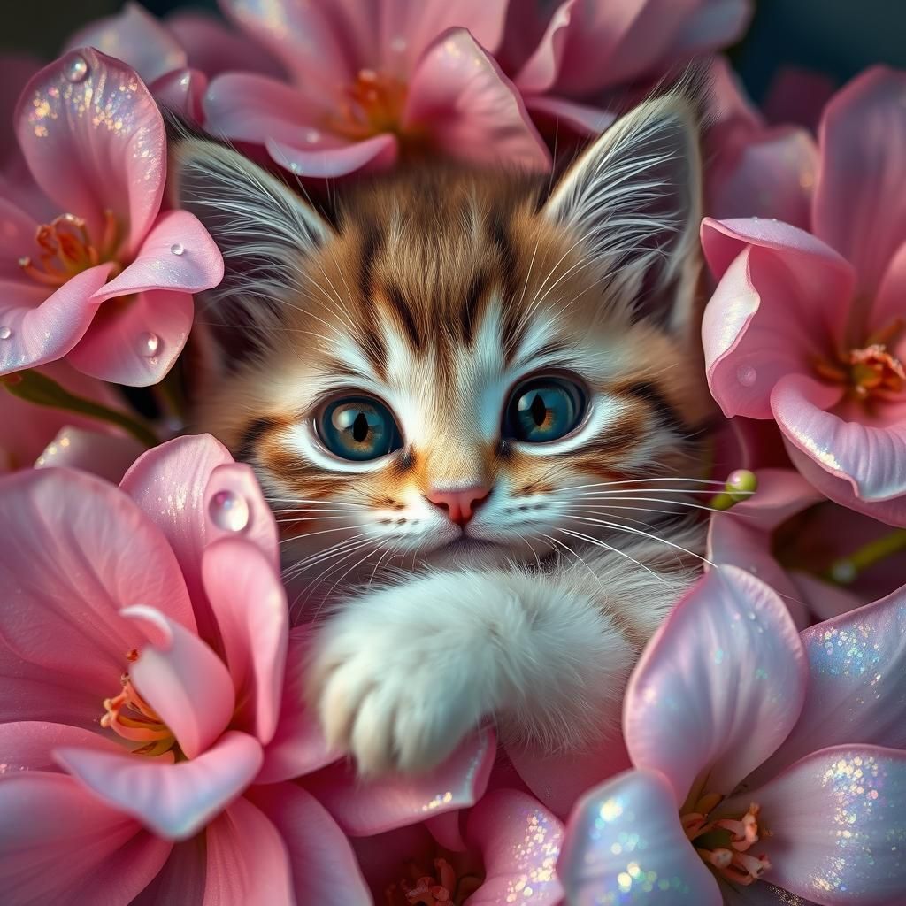 Kitten in Flowers: Surrealist Art in 8k
