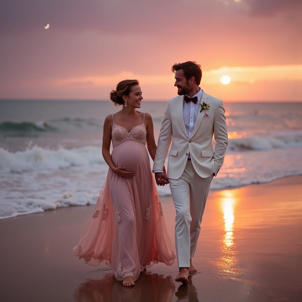 Radiant Pregnant Bride and Groom on Twilight Beach