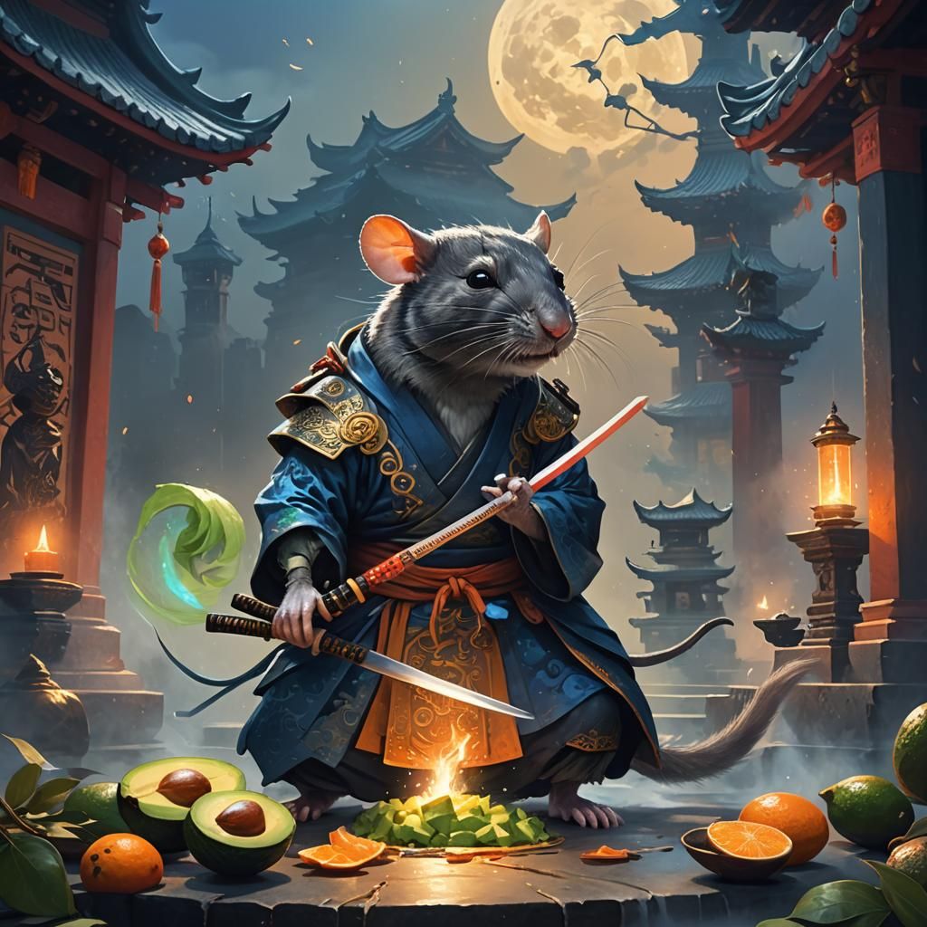 Samurai Rat Slices Avocado in Misty Temple Altar