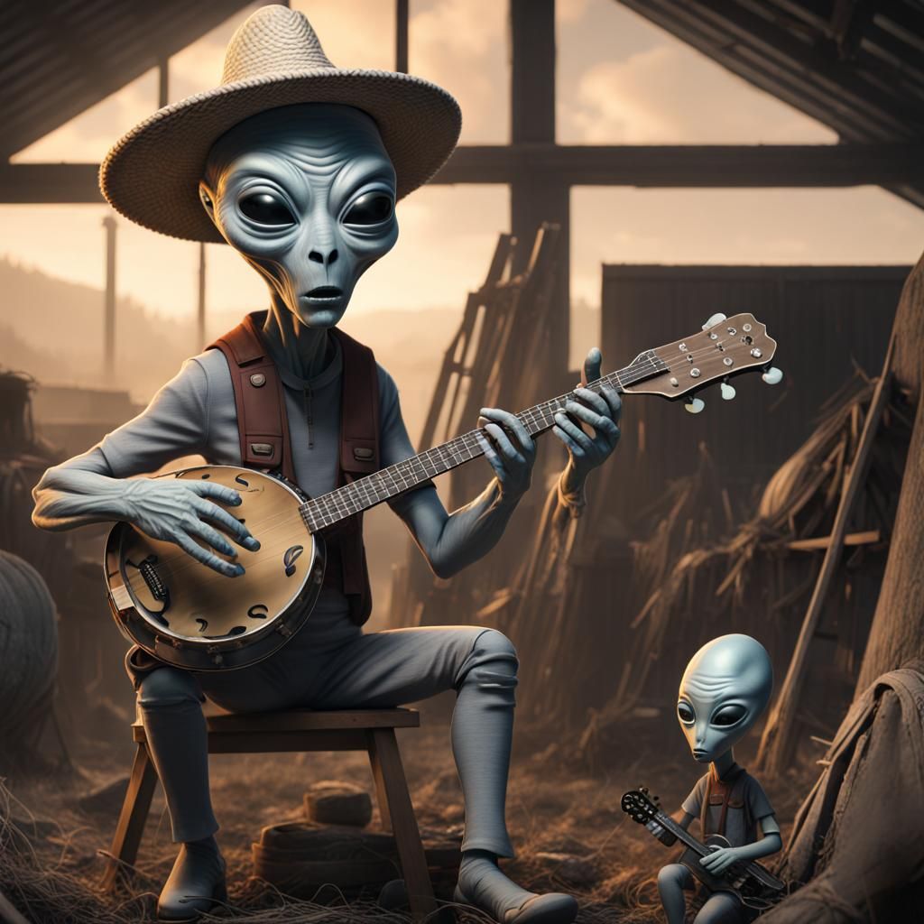 Alien and Farmer Banjo Duet in Atmospheric Lighting