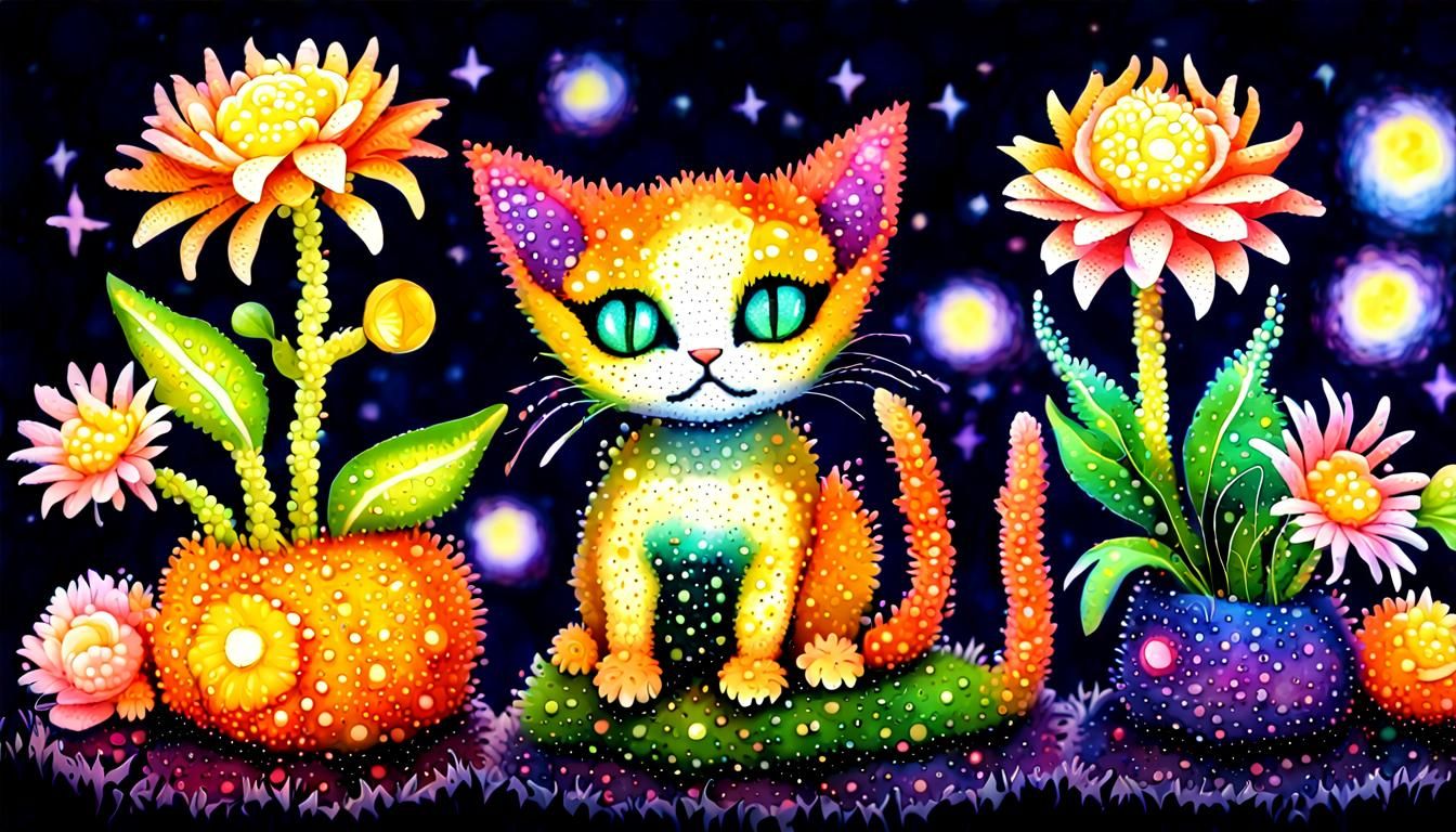 Magical Miniature Cats in Florescent Moonlit Garden