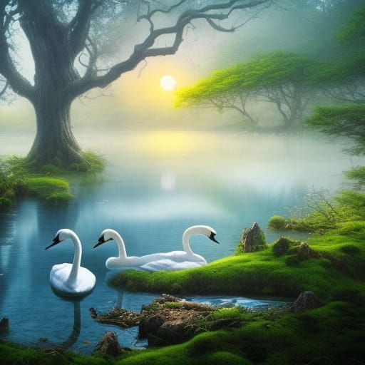 White Swans in Misty Forest Landscape