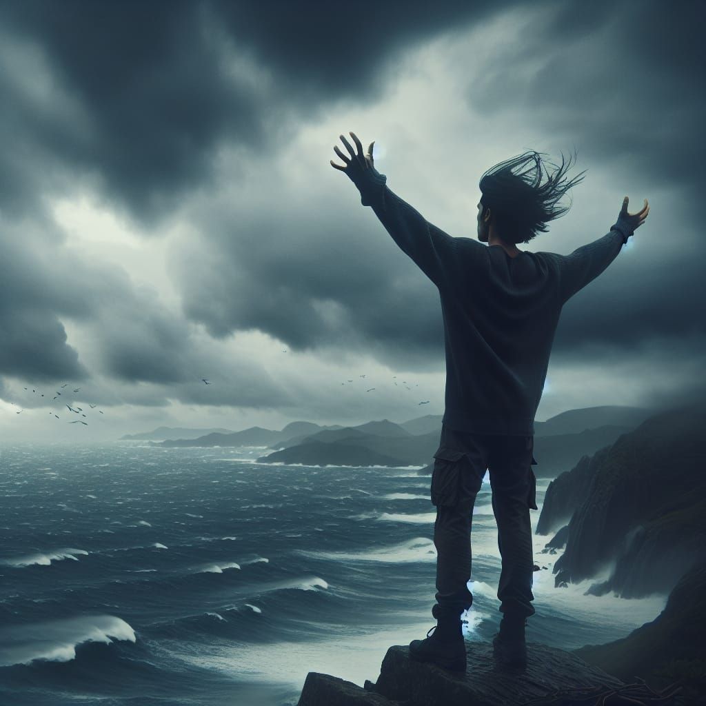 Arjuna on Cliff Edge Confronts Stormy Sea