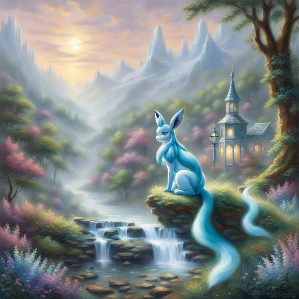 Ethereal Glaceon in a Luminous Fantasy Landscape