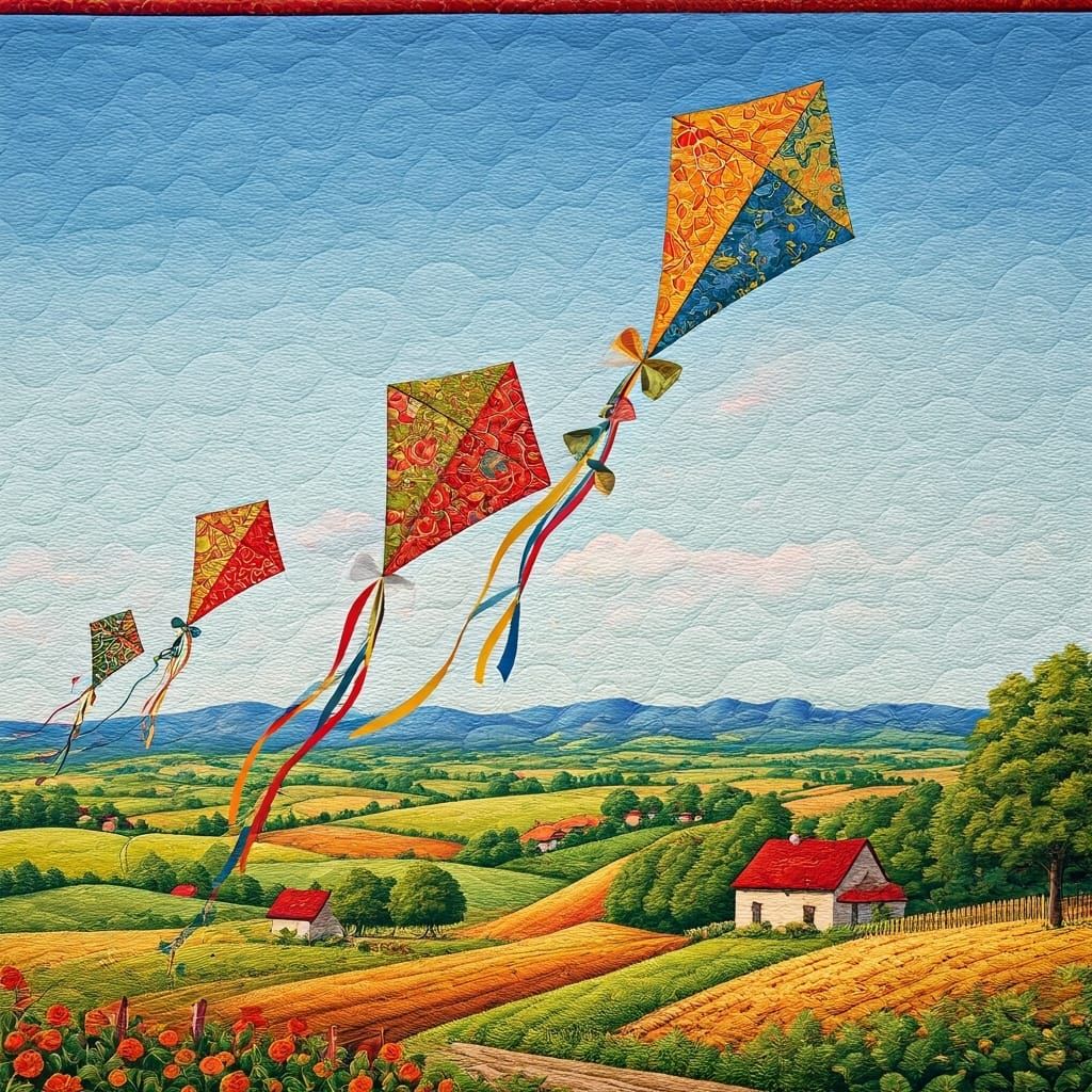 A colourful fabric quilt with a design of kites with 3D bows...