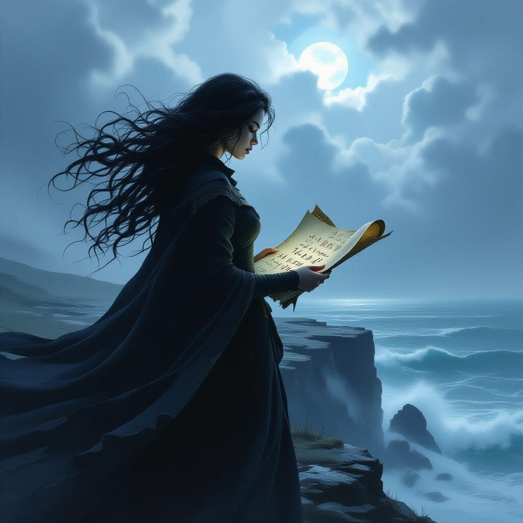 Solitary Woman on Cliff Overlooking Stormy Sea