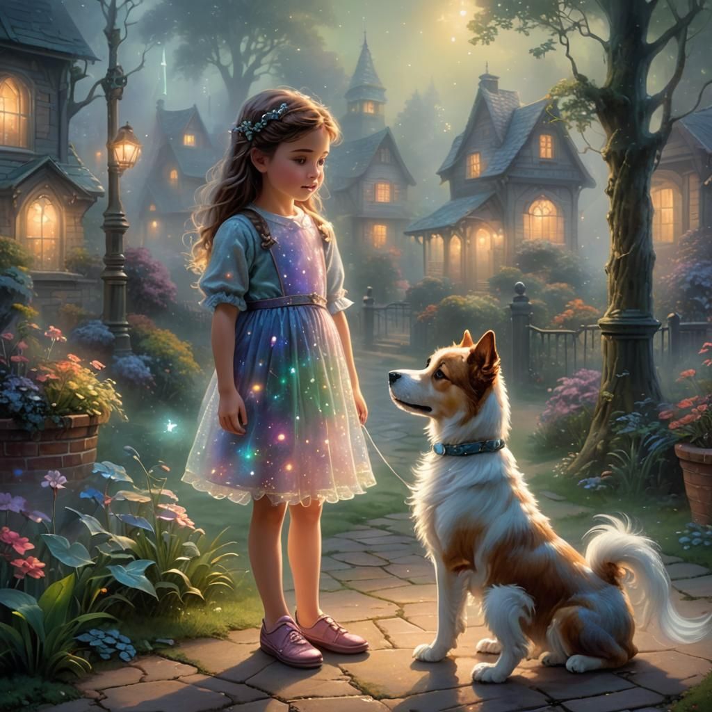 Ethereal Girl Converses with a Holographic Dog in Whimsical....