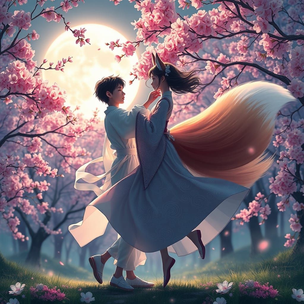 Moonlit Cherry Blossom Dance of Human and Nine-Tailed Fox Gi...