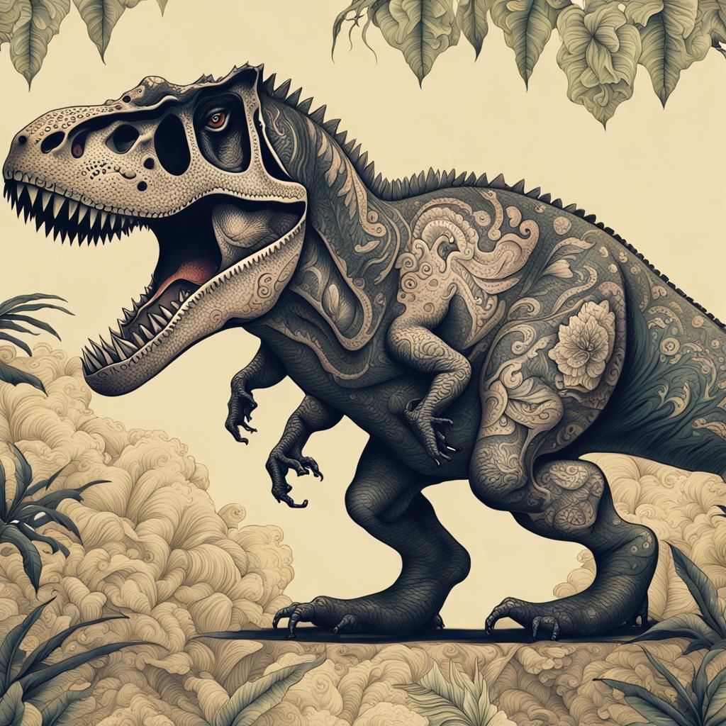 T-Rex Adorned with Asian Tattoos in Jungle