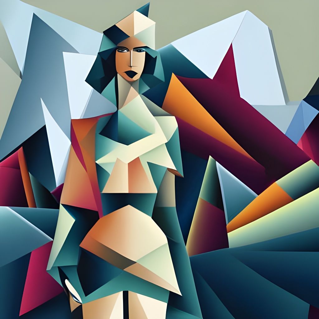Cubist Woman with Umbrella in Cityscape