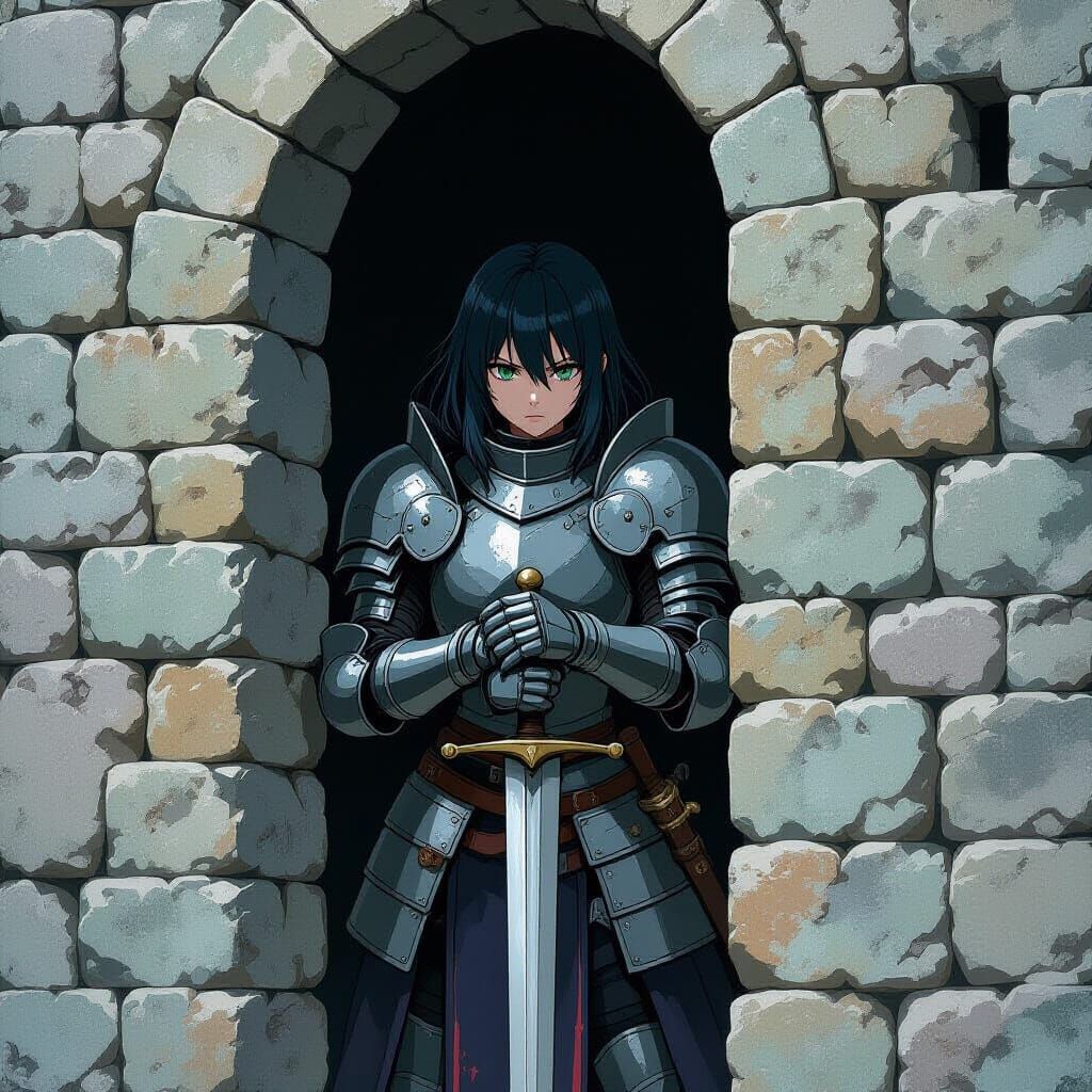 Anime Knight in Dark Fantasy Scene with Castle Walls