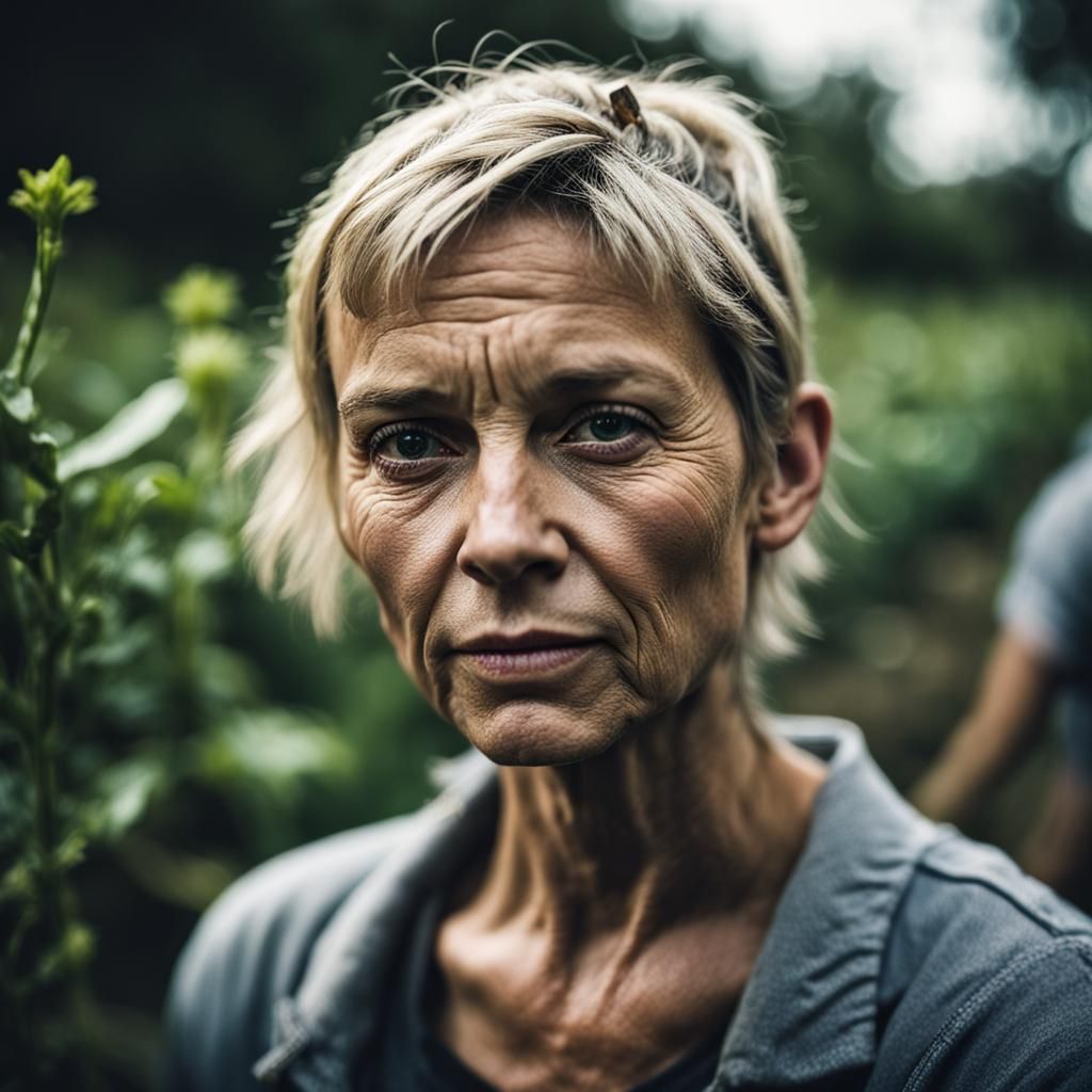 Blond Woman in Garden, Photorealistic Close-Up