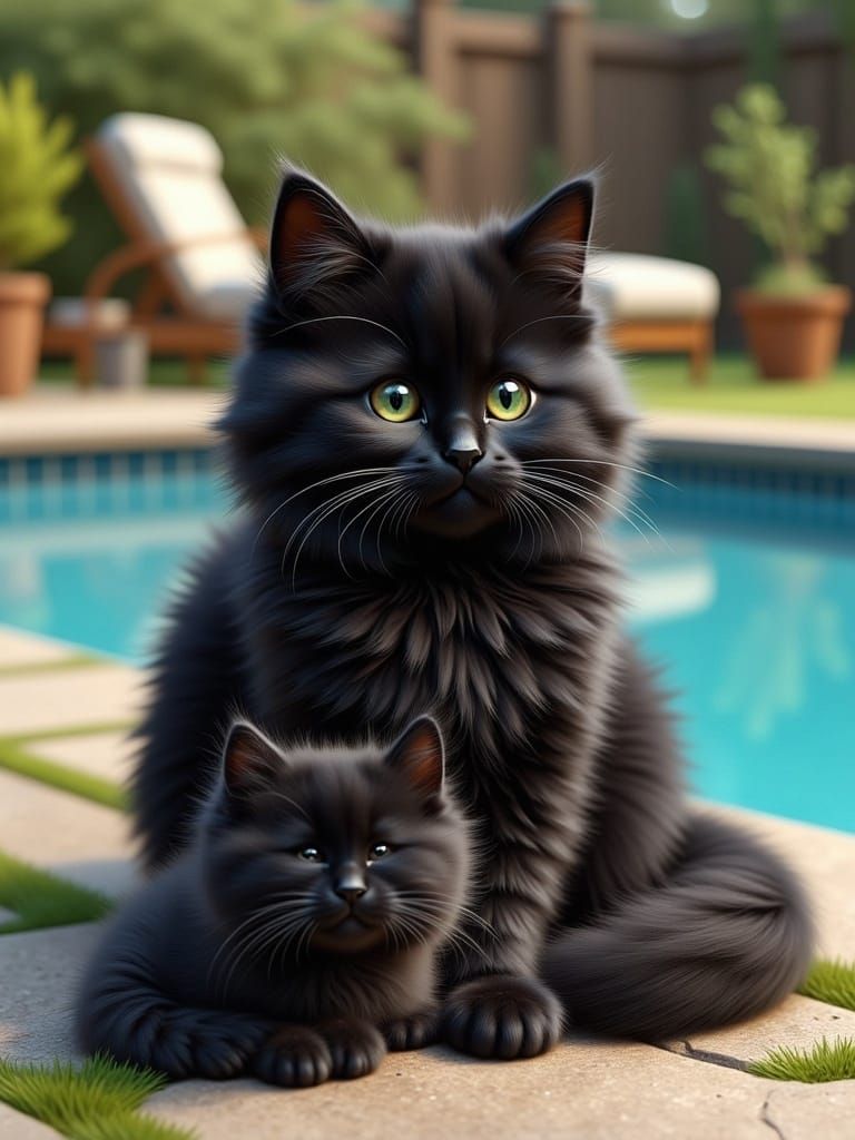 Surreal Summer Scene of a Fluffy Black Cat and Kitten by a S...