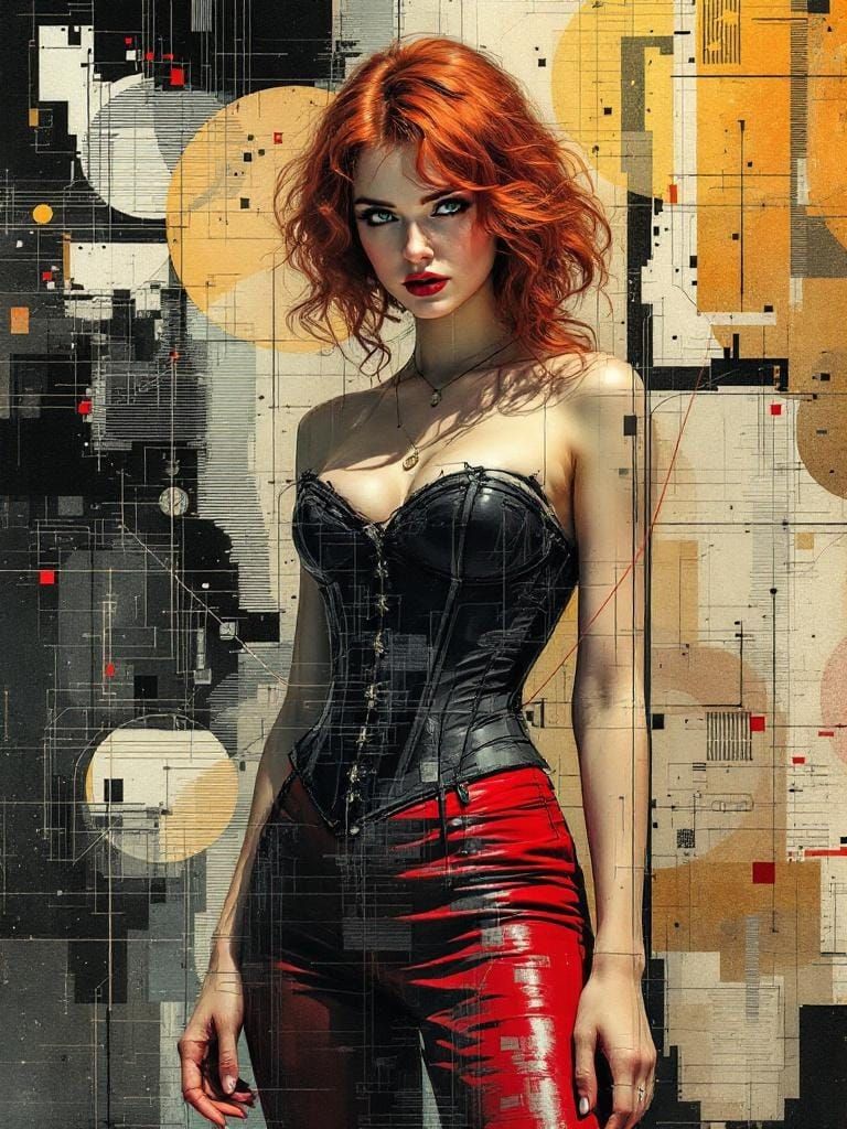 Redhead Pin Up in Black Corset with Industrial Glitch Art St...