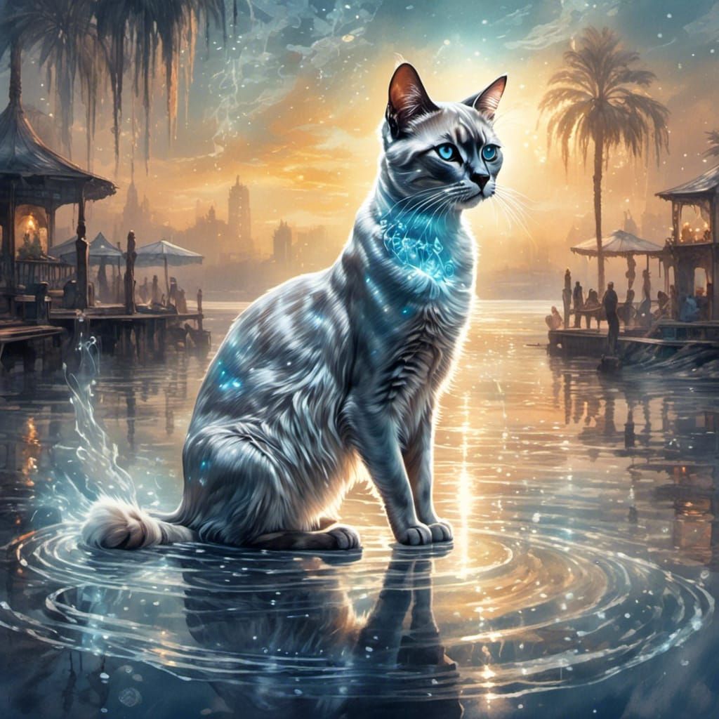 Whimsical Beach Cat in Dreamy Watercolor