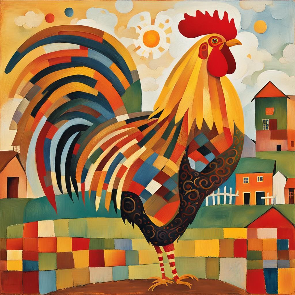 Rooster in Farmyard: Folk Art Painting Inspired by Paul Klee