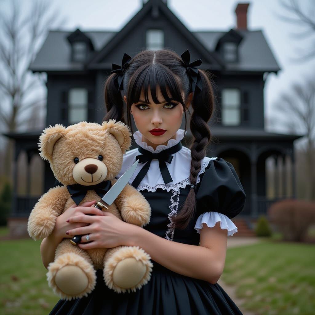 Gothic Sacrifice: Woman Held by Evil Teddy Bear