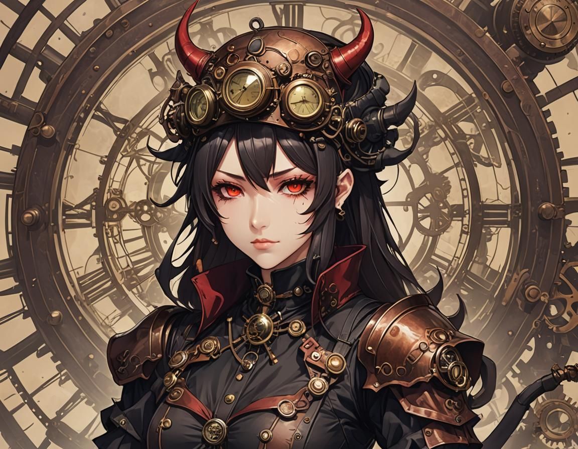 Steampunk Anime Devil Girl in Intricate Suit