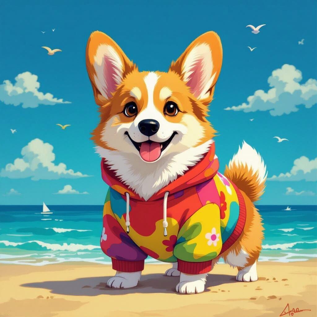 Corgi Dog on Beach in Pop Art Style
