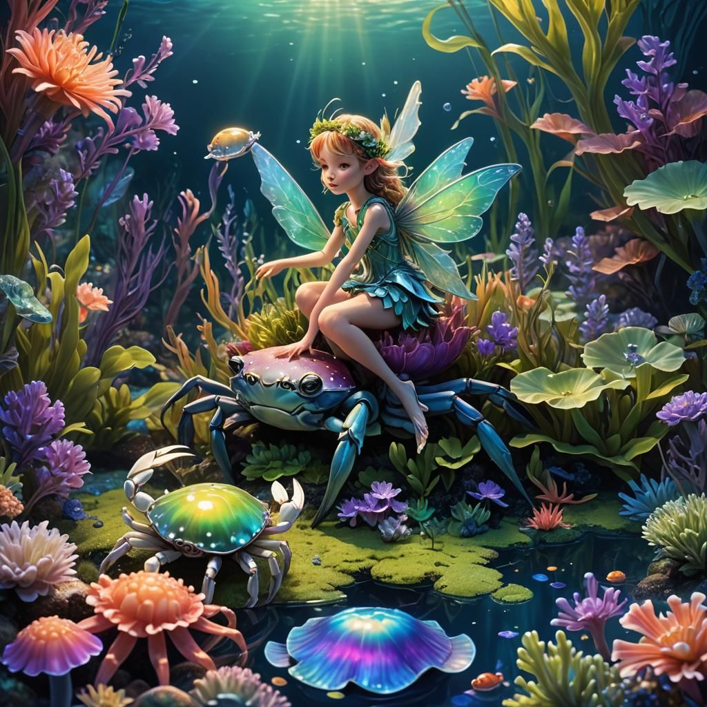 Underwater Fairy Riding a Bioluminescent Crab
