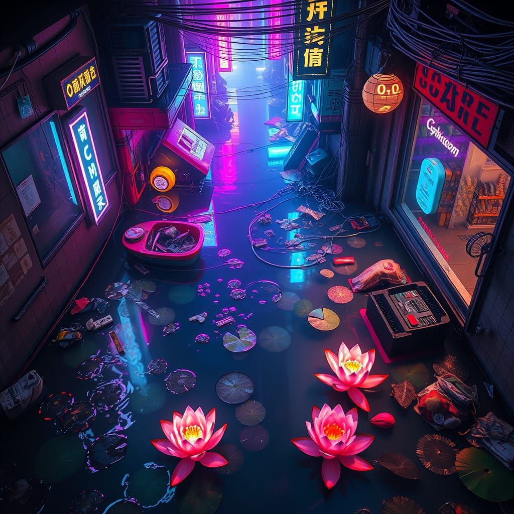 Cyberpunk Alley: Neon Reflections in a Flooded Cityscape