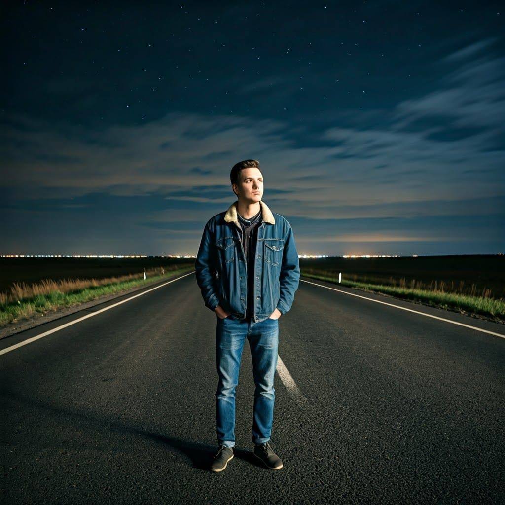 Contemplative Man at Moonlit Highway Edge
