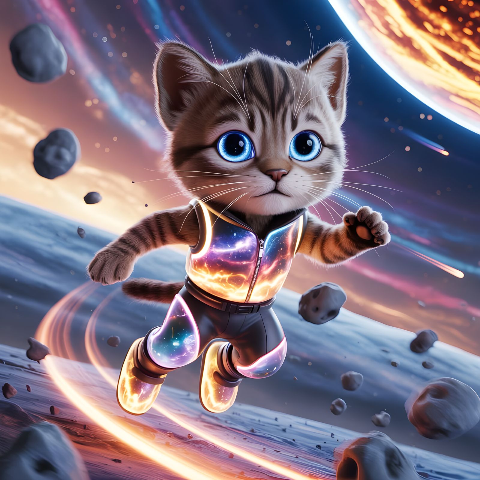 Adventurous Cat Leaps Through Asteroid Field in 3D Render