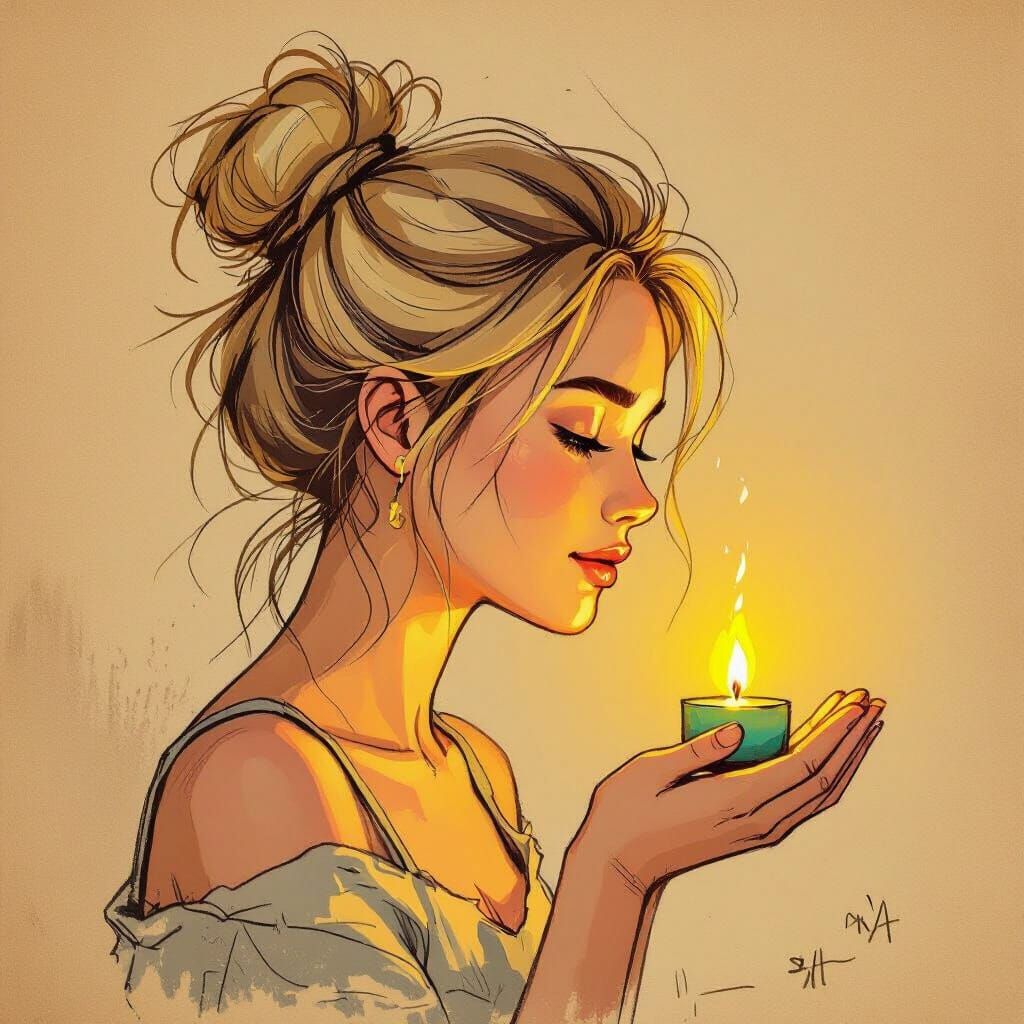 Contemplative Woman Gazing at Tealight Flame Sketch