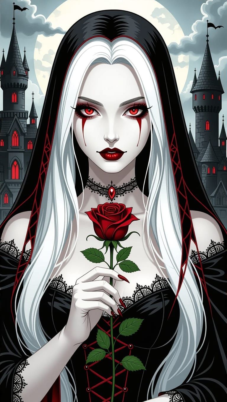 Young Vampiress with Long, Mystical Hair and Glittering Eyes