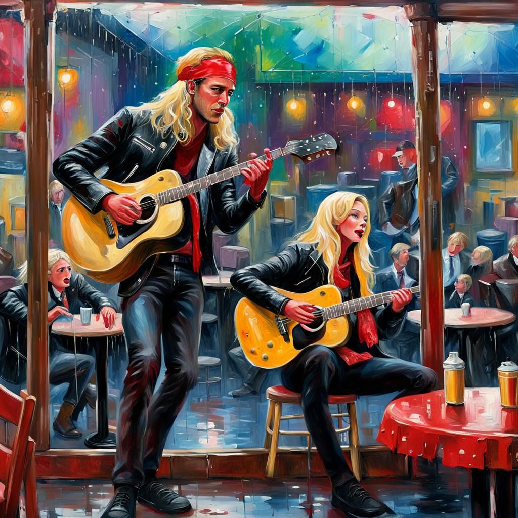 Cafe Musicians in Rainy Night: Impasto Oil Painting