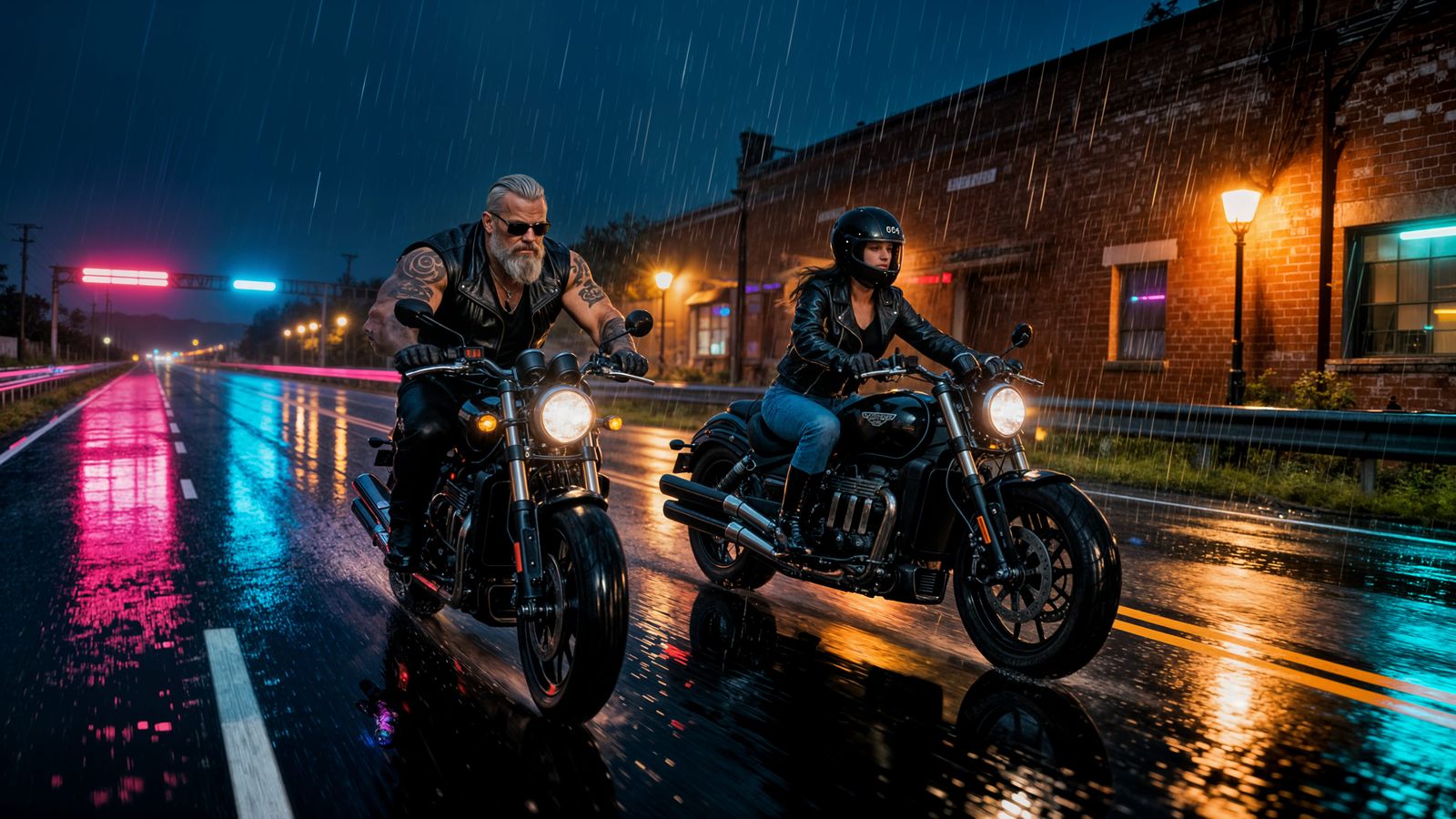 Friends Riding on Rainy City Motorway at Night with Neon Ref...