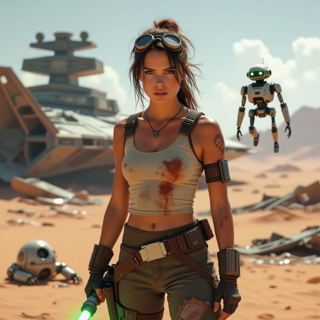 Rey Scavenger on Desert Planet in Gritty Style