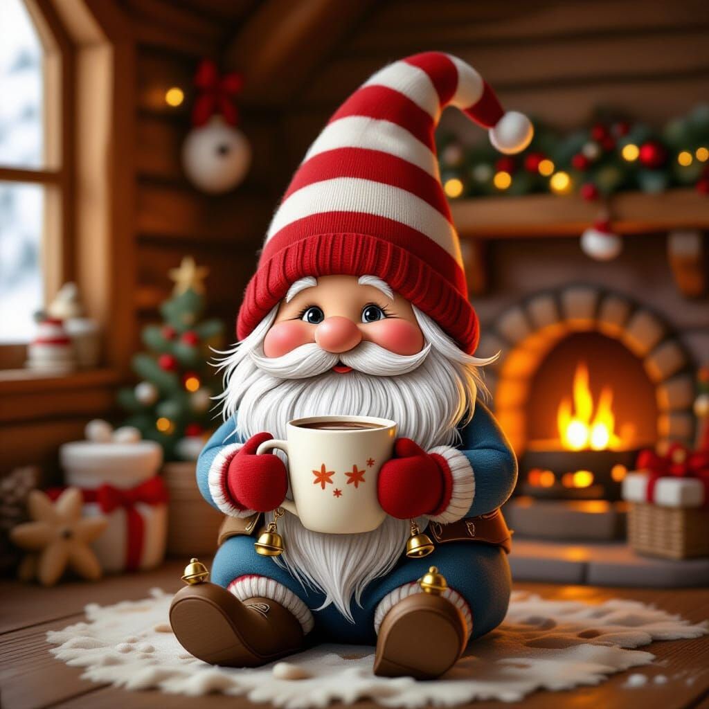 Whimsical Gnome Enjoys Cocoa in Cozy Cabin