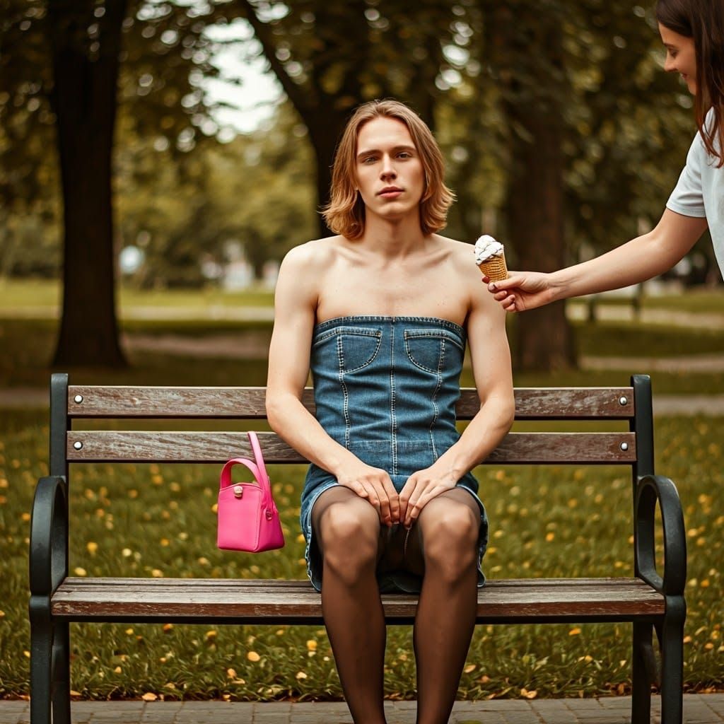 Worried Young Man in Denim Dress on Park Bench
