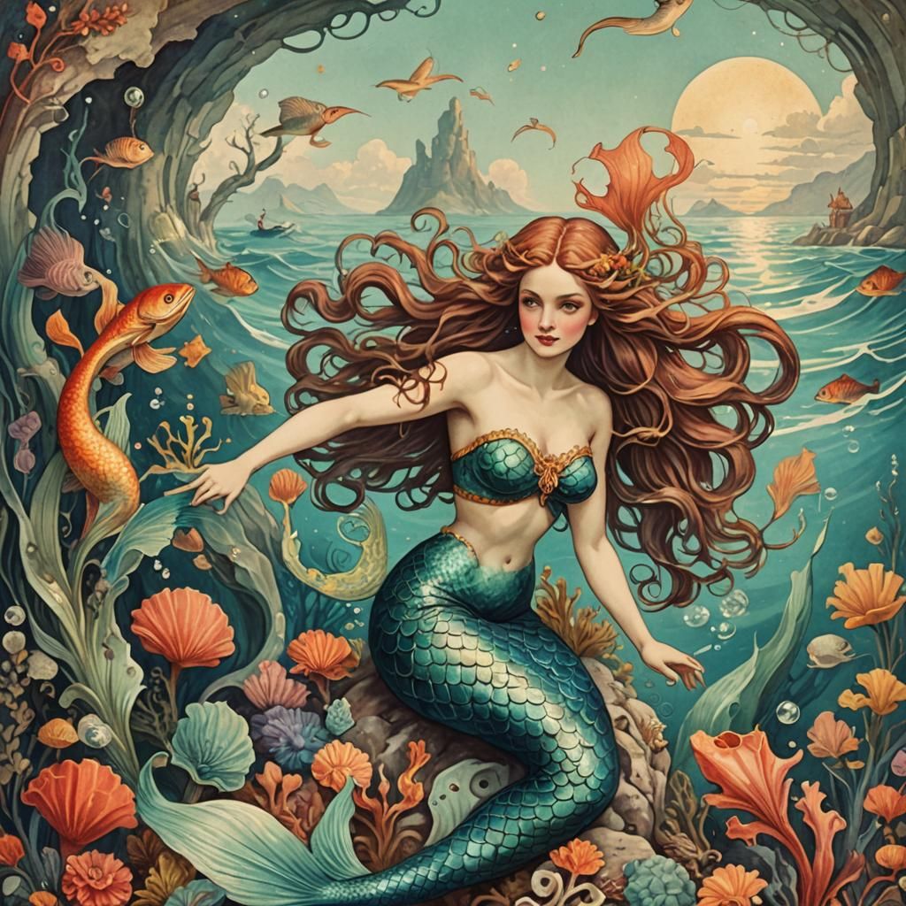 Antique Mermaid Illustration in Bright Surreal Style