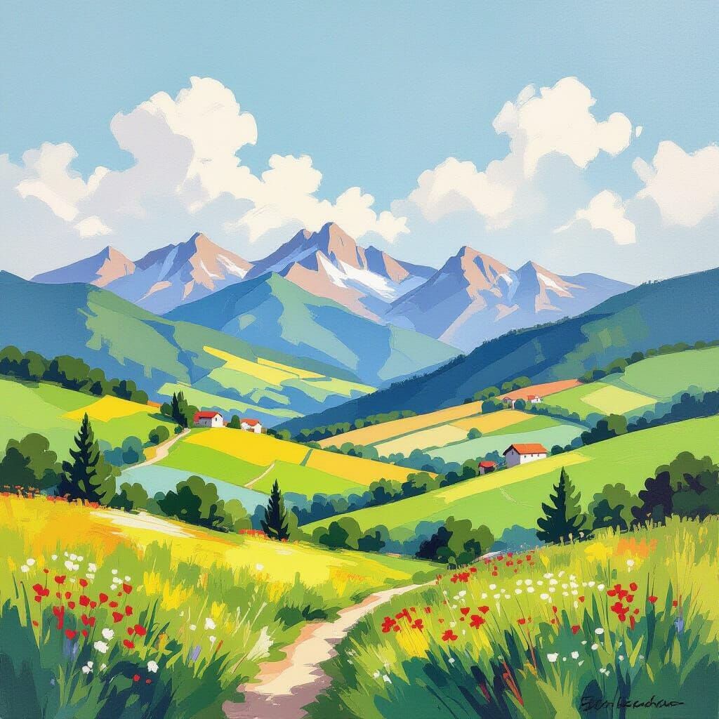 Vibrant Gouache Landscape with Majestic Mountains